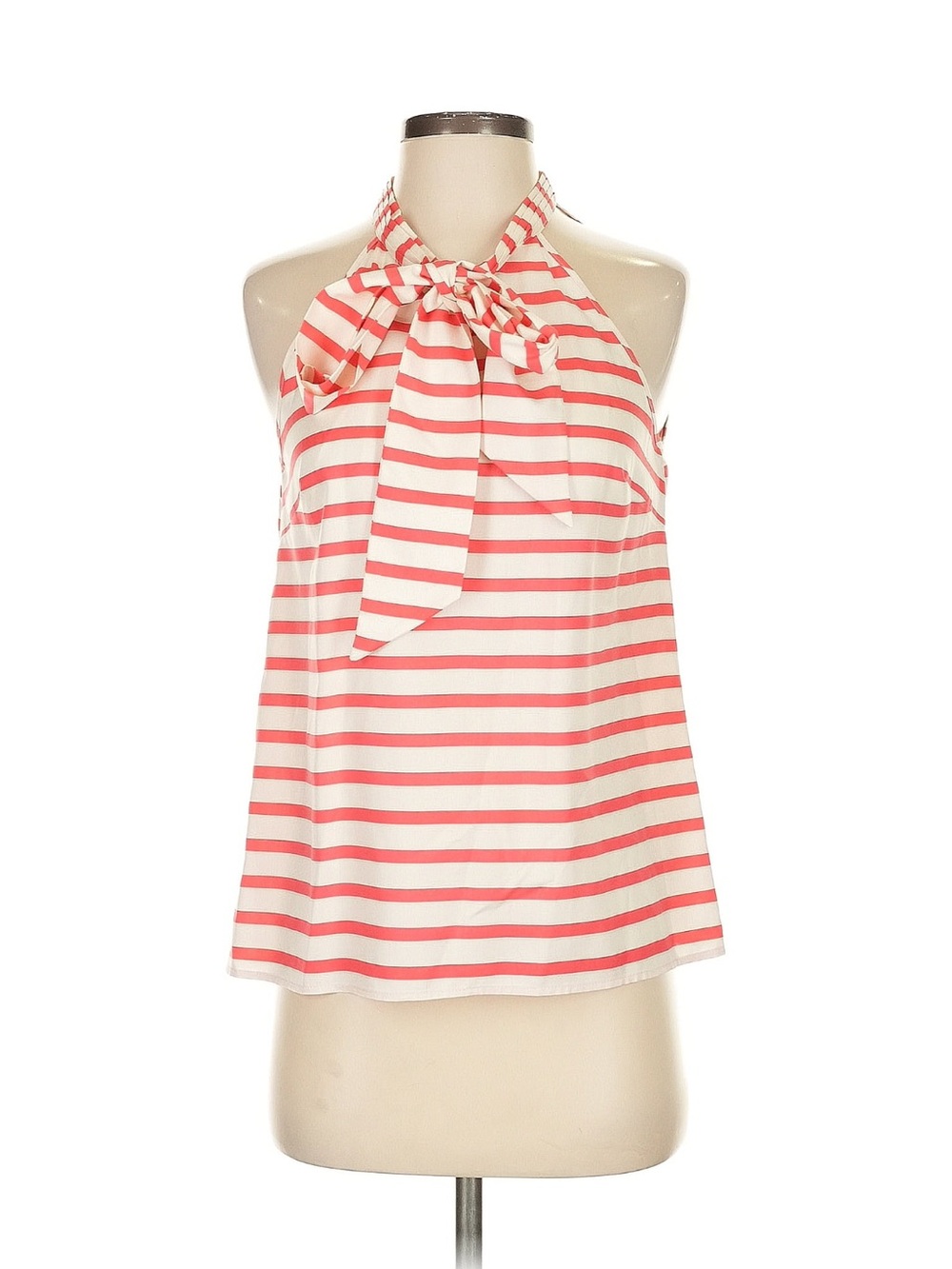 J. Crew Coral and White Striped Halter Tie-Neck Top 100% silk